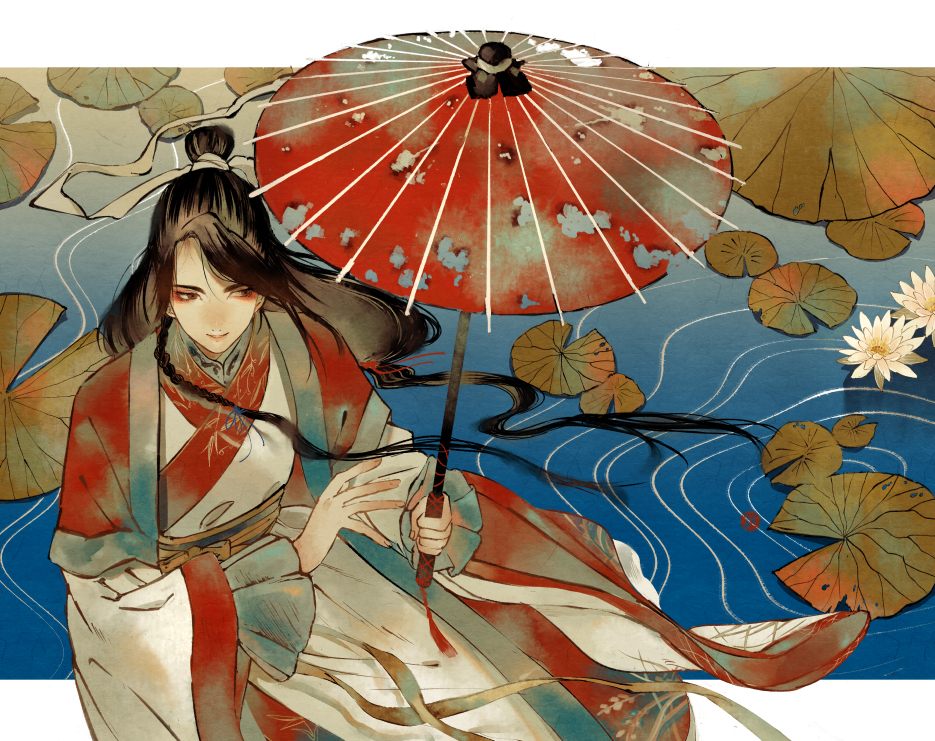 1boy bishounen black_hair chinese_clothes commentary_request eyeshadow flower hair_bun hanfu holding holding_umbrella lily_pad long_hair long_sleeves makeup male_focus oil-paper_umbrella original p-suke parted_lips red_eyeshadow red_umbrella sash smile solo torn_umbrella umbrella water white_flower