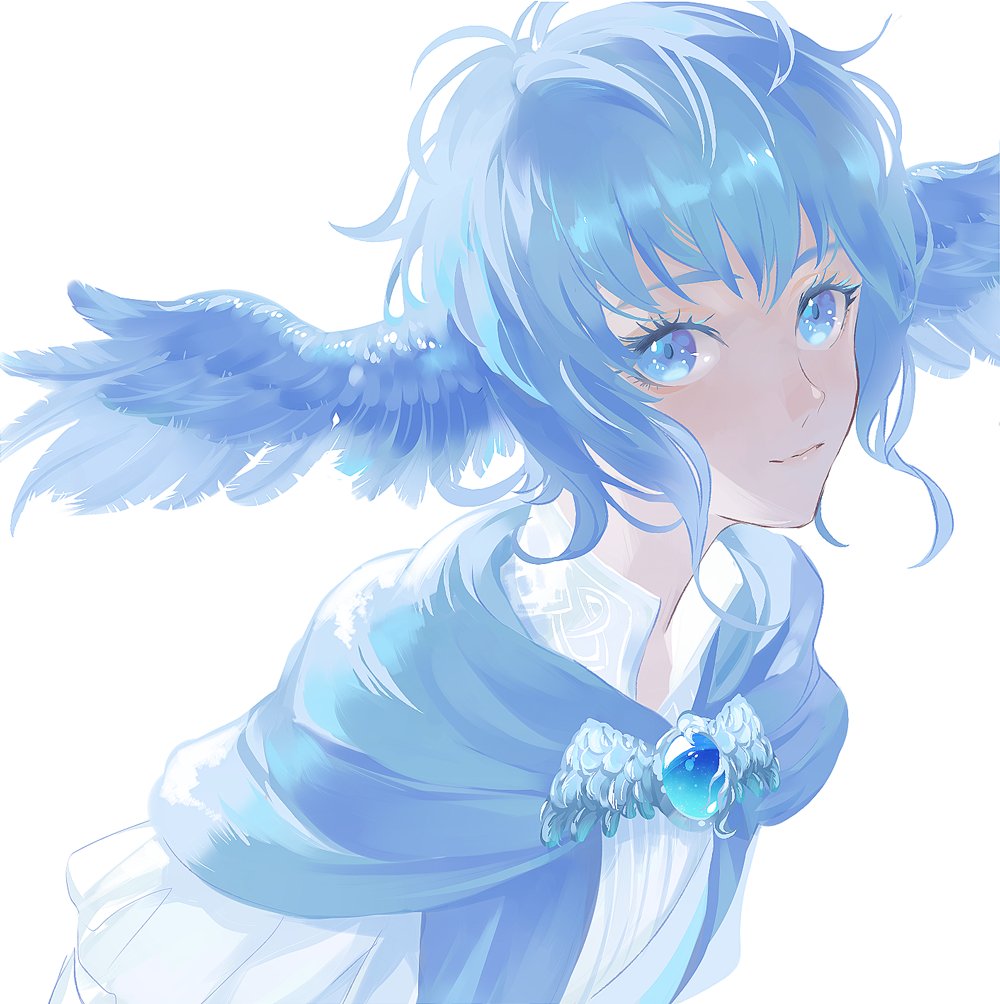 1girl blue_capelet blue_eyes blue_hair brooch capelet en_(enxxx) feathered_wings final_fantasy final_fantasy_xiv from_above gem head_wings jewelry light_smile looking_to_the_side meteion shirt short_hair simple_background solo upper_body white_background white_shirt wings