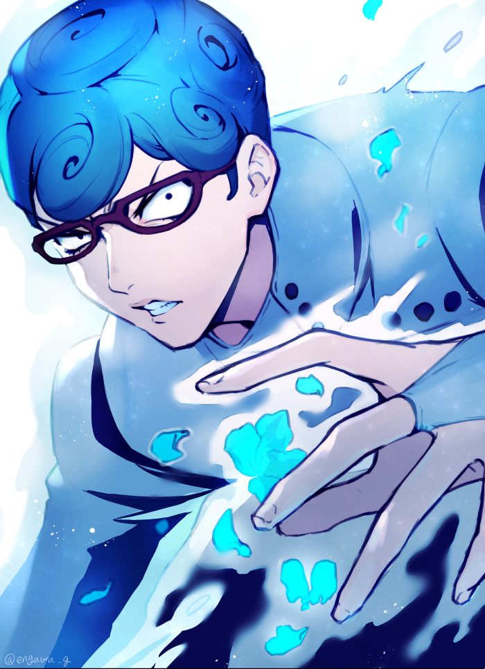 1boy 723_(tobi) bangs black_eyes blue_eyes blue_hair fingerless_gloves ghiaccio glasses gloves ice jacket jojo_no_kimyou_na_bouken long_sleeves looking_at_viewer open_mouth solo teeth v-shaped_eyebrows vento_aureo white_album_(stand) white_jacket