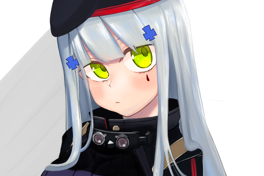 1girl bangs beret black_headwear blue_hair commentary facial_mark girls_frontline green_eyes hair_ornament hat hk416_(girls'_frontline) jacket long_hair looking_at_viewer palaiva_0118 simple_background solo straight_hair white_background