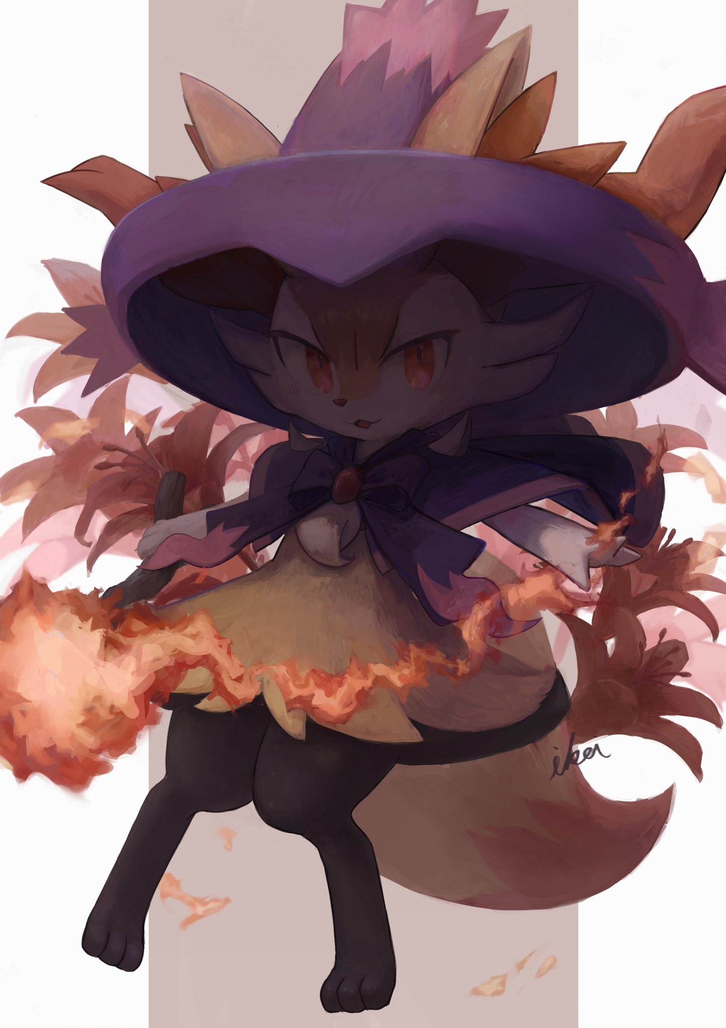 :3 animal_ear_fluff animal_ears black_fur braixen brown_background capelet cosplay digitigrade fire fox_ears fox_tail full_body hat highres holding holding_stick ikei looking_at_viewer mismagius mismagius_(cosplay) multicolored_fur open_mouth orange_eyes orange_fur outside_border pillarboxed pokemon pokemon_(creature) red_nose signature simple_background slit_pupils solo stick symbol-only_commentary tail tsurime white_fur witch_hat yellow_fur