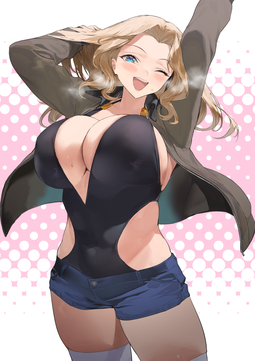 1girl bangs blonde_hair blue_eyes blush breasts forehead girls_und_panzer hair_intakes ikuchan_kaoru jacket kay_(girls_und_panzer) large_breasts long_hair looking_at_viewer one_eye_closed open_clothes open_jacket open_mouth parted_bangs smile solo
