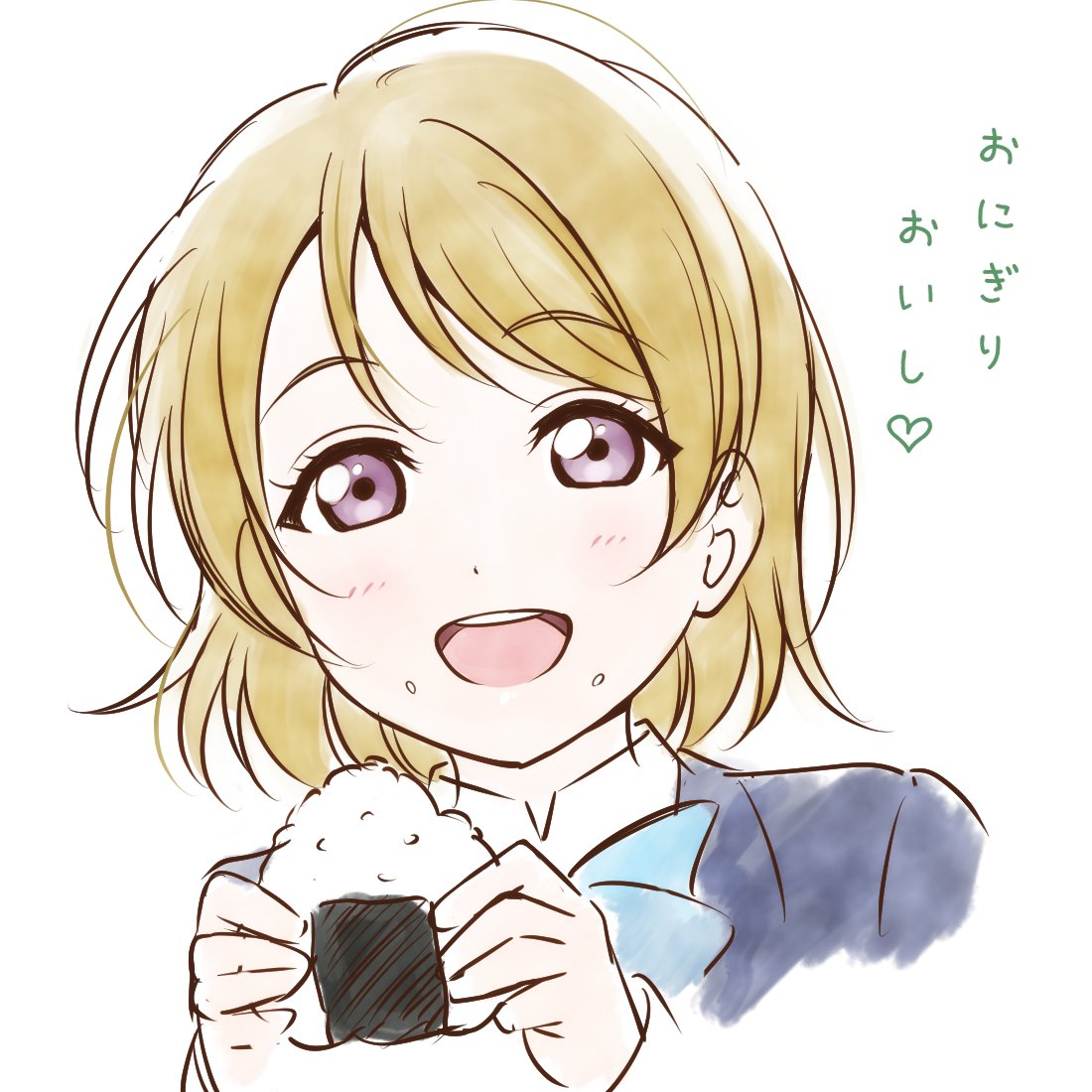 1girl anibache bangs birthday brown_hair check_commentary commentary commentary_request eating eyebrows_visible_through_hair food food_on_face koizumi_hanayo looking_at_viewer love_live! love_live!_school_idol_project onigiri otonokizaka_school_uniform portrait rice rice_on_face school_uniform short_hair smile solo translated violet_eyes white_background