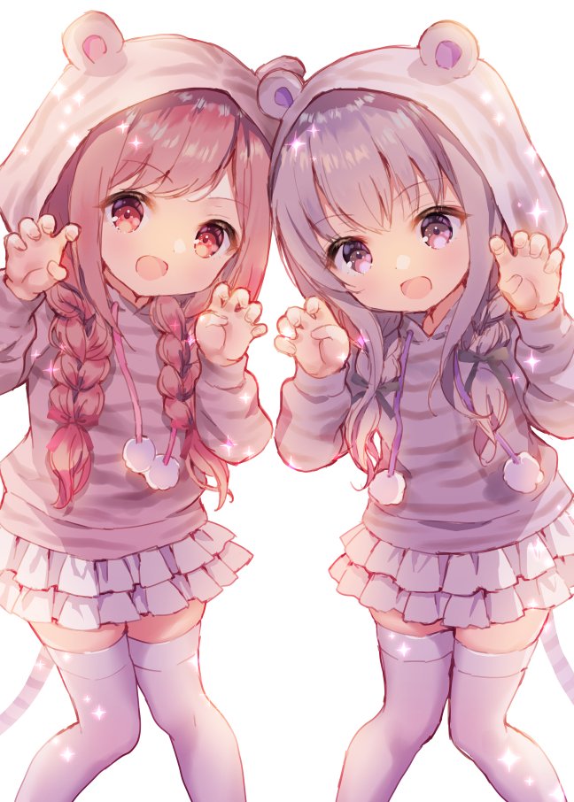 2girls :d animal_ears animal_hood animal_print backlighting braid brown_hair chinese_zodiac chitosezaka_suzu claw_pose drawstring fake_animal_ears feet_out_of_frame grey_hair grey_hoodie hair_over_shoulder hands_up hood hood_up hoodie knees_together_feet_apart long_hair long_sleeves looking_at_viewer low_twintails multiple_girls original pom_pom_(clothes) print_hoodie red_eyes simple_background smile tail thigh-highs tiger_ears tiger_hood tiger_print tiger_tail twin_braids twintails very_long_hair violet_eyes white_background white_legwear year_of_the_tiger