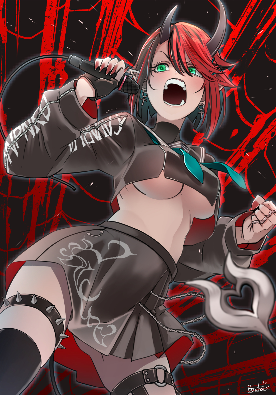 1girl bangs black_gloves black_hair black_legwear black_serafuku black_skirt blue_neckerchief breasts butcha-u clenched_hand commentary_request contrapposto cowboy_shot crop_top demon_girl demon_horns demon_tail ear_piercing eyebrows_visible_through_hair fingerless_gloves fingernails gloves green_eyes hair_between_eyes highres holding holding_microphone horns jewelry large_breasts long_sleeves looking_to_the_side microphone midriff multicolored_hair neckerchief official_alternate_costume open_mouth piercing pointy_ears red_nails redhead ring ryugasaki_rene school_uniform serafuku sharp_fingernails short_hair signature single_glove skirt solo spiked_thighlet sugar_lyric tail teeth thigh-highs two-tone_hair under_boob virtual_youtuber