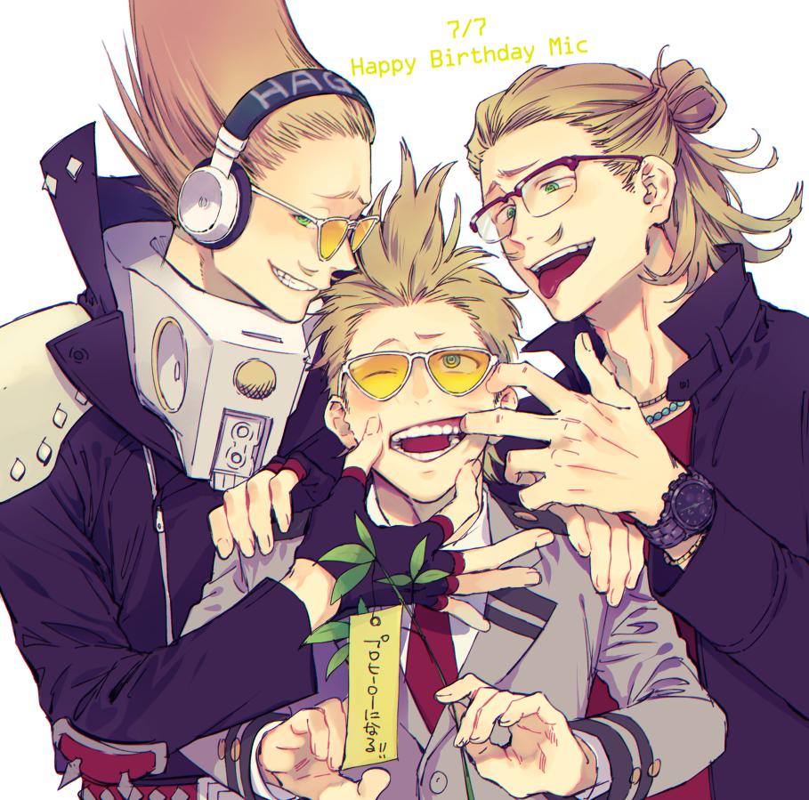 3boys :d age_comparison amplifier belt blonde_hair boku_no_hero_academia costume crested_hair dated english_text epaulettes facial_hair finger_in_mouth fingerless_gloves glasses gloves green_eyes hair_up hand_on_another's_face hand_on_another's_shoulder happy_birthday headphones holding holding_plant jacket jewelry long_hair looking_at_another looking_at_viewer making_faces male_focus mixed-language_text multiple_boys multiple_persona mustache open_mouth plant present_mic quiff school_uniform short_hair sideways_glance sideways_mouth simple_background smile studded_belt studded_jacket sunglasses tag tied_hair tinted_eyewear translation_request u.a._school_uniform upper_body ura_musi watch watch white_background