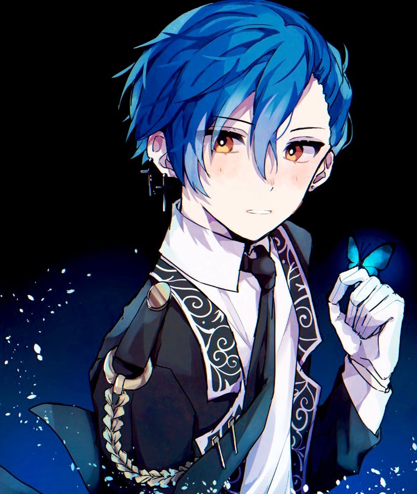 1boy akuma_shitsuji_to_kuroi_neko blue_hair bug butterfly cross earrings formal haures_clifford jewelry looking_at_viewer necktie orange_eyes pale_skin shi_duki suit