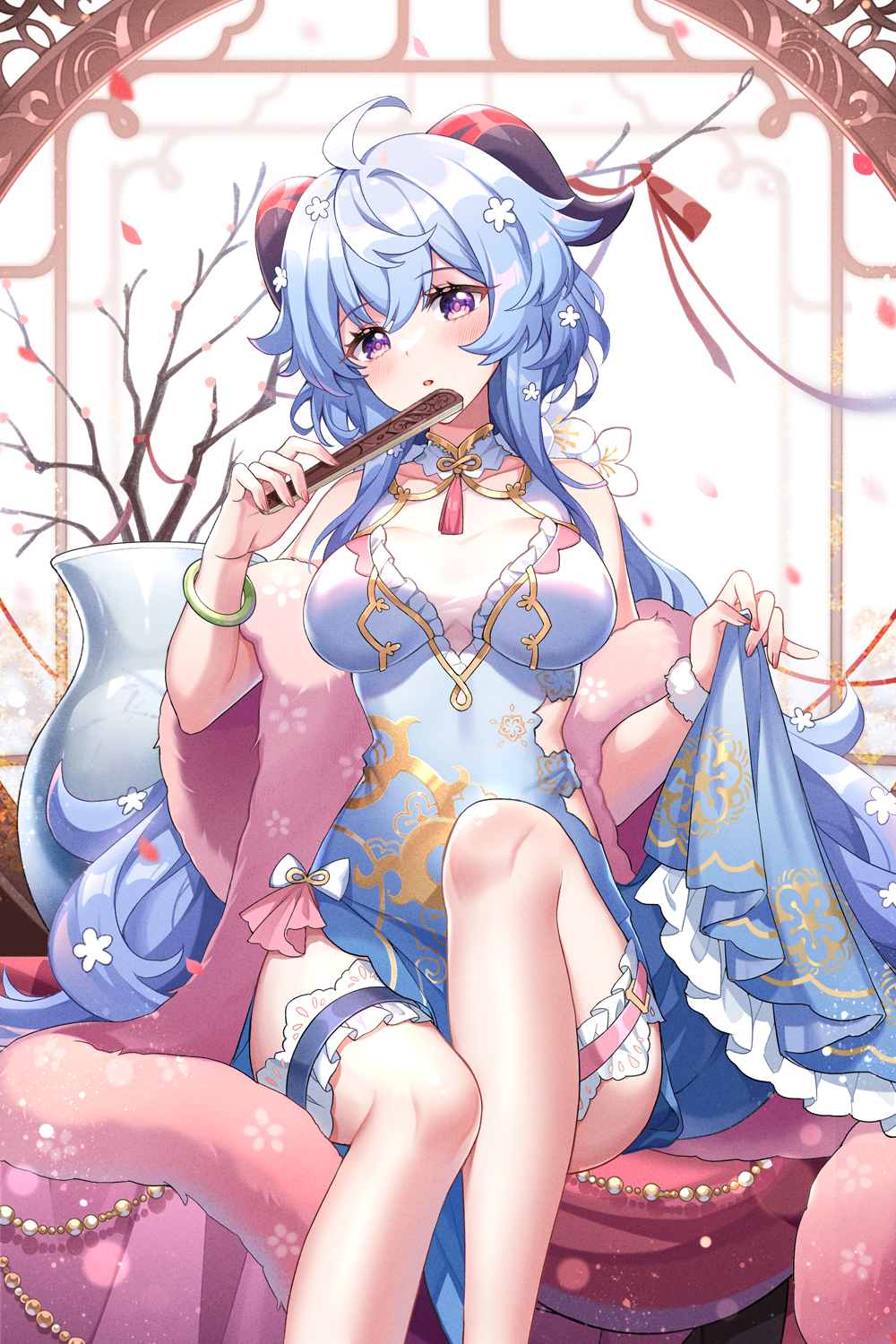 1girl alternate_costume bangs blue_hair blush breasts breasts_apart chinese_clothes closed_fan collarbone curled_horns eyelashes feet_out_of_frame folding_fan fur_trim ganyu_(genshin_impact) genshin_impact goat_horns hand_fan highres holding holding_fan horns knees large_breasts leg_garter long_hair looking_at_viewer open_mouth pillow red_horns round_window sidelocks sitting solo tassel user_jrjf8352 violet_eyes window wrist_cuffs