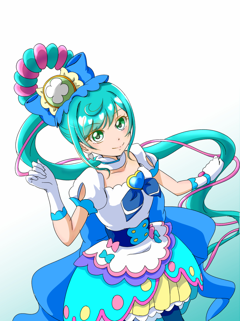 1girl :d blue_bow blue_hair blush bow brooch cure_spicy delicious_party_precure detached_collar earrings fuwa_kokone gloves green_eyes hair_bow hair_ornament hair_rings heart heart_brooch highres jewelry kamonan_(pixiv_id_1430057) long_hair looking_at_viewer magical_girl multicolored_hair open_mouth pink_hair ponytail precure puffy_sleeves smile solo two-tone_hair upper_body white_gloves