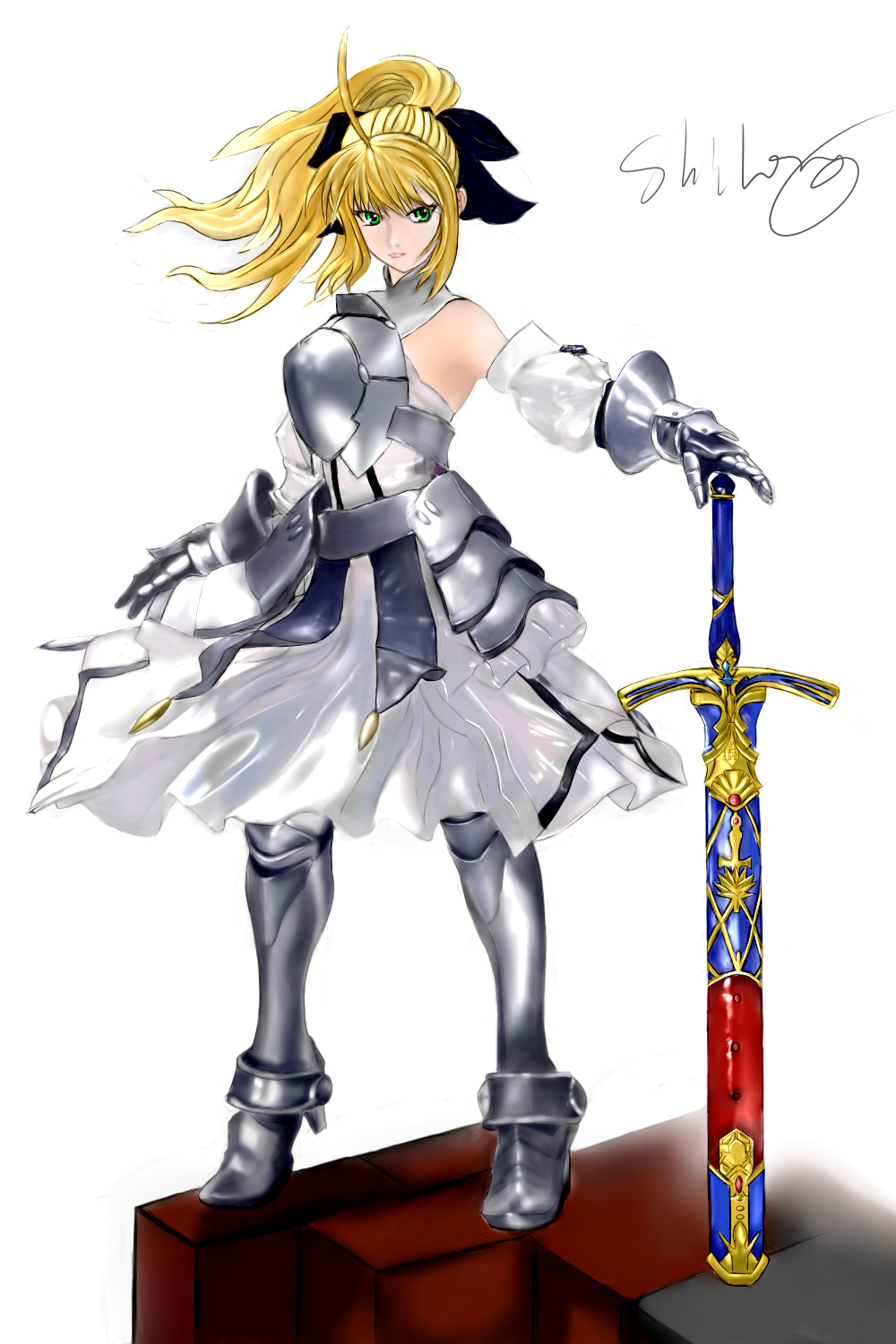1girl artoria_pendragon_(all) bigboss890723 black_bow blonde_hair bow breastplate caliburn dress eyebrows_visible_through_hair fate/grand_order fate/unlimited_codes fate_(series) faulds floating_hair gauntlets green_eyes hair_between_eyes hair_bow highres long_hair looking_at_viewer outdoors petals ponytail saber_lily signature sleeveless sleeveless_dress solo standing sword weapon white_dress