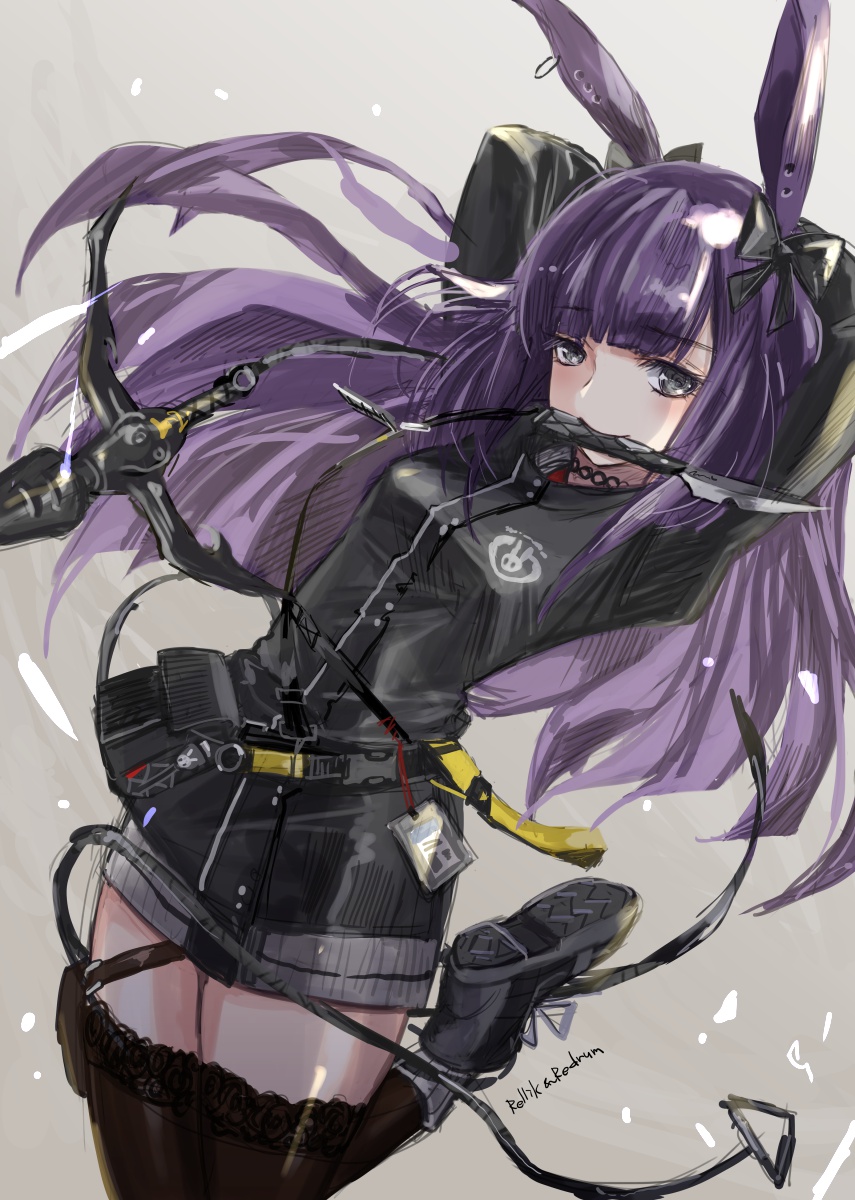 1girl animal_ears arknights arms_behind_head arms_up bangs belt belt_pouch black_bow black_dress black_eyes black_footwear black_legwear blunt_bangs blush bow dress eyebrows_visible_through_hair gradient gradient_background grappling_hook grey_background hair_bow highres jun_(rellik_&amp;_redrum) leg_up long_hair long_sleeves looking_at_viewer mouth_hold pouch purple_hair rabbit_ears rope_(arknights) signature smile solo standing standing_on_one_leg thigh-highs very_long_hair zettai_ryouiki