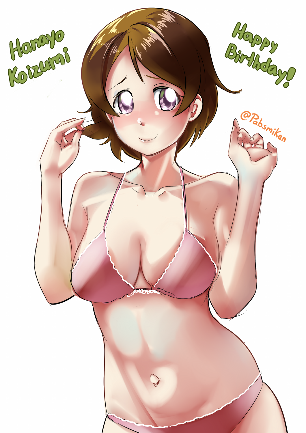 bra breasts brown_hair highres koizumi_hanayo lingerie love_live! love_live!_school_idol_project navel panties pink_bra pink_panties self_upload swimsuit underwear violet_eyes