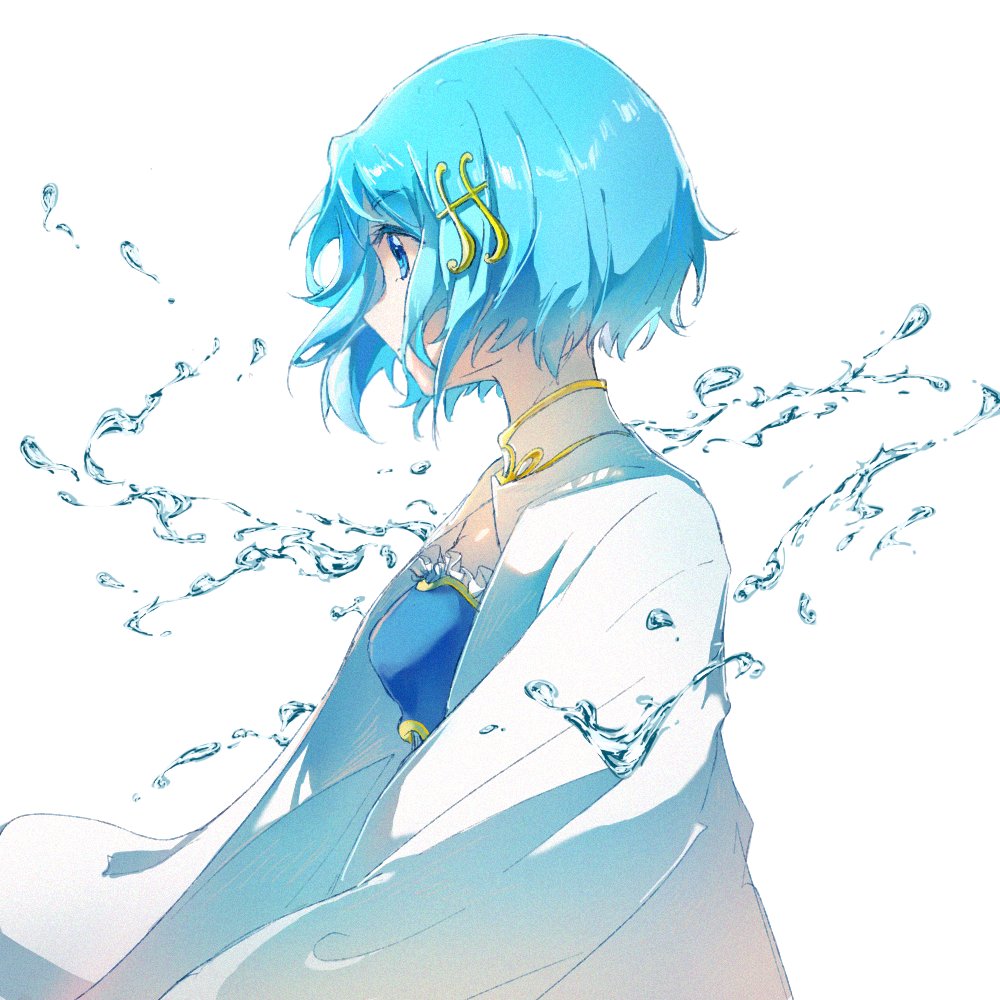 1girl blue_eyes blue_hair cape from_side hair_ornament magical_girl mahou_shoujo_madoka_magica miki_sayaka musical_note_hair_ornament noria_hpna short_hair solo water white_background