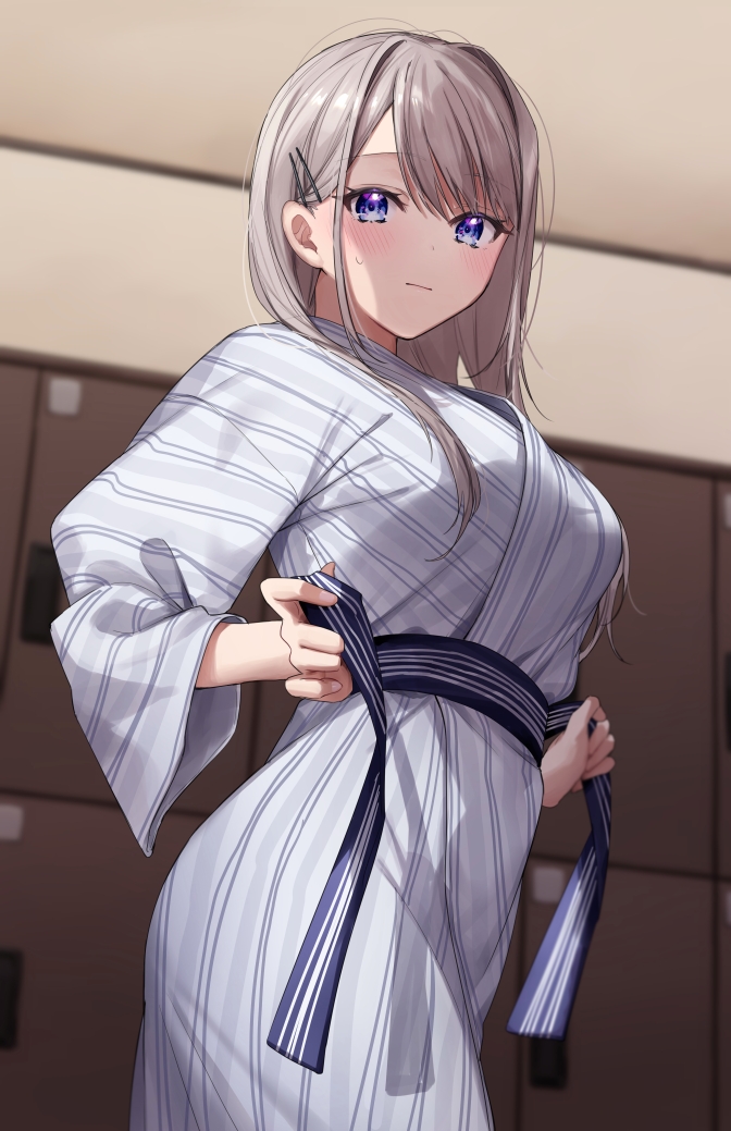 1girl bangs blue_eyes breasts chigusa_minori closed_mouth commentary_request eyebrows_visible_through_hair hair_ornament hairclip indoors japanese_clothes large_breasts locker long_hair long_sleeves looking_at_viewer original solo wide_sleeves