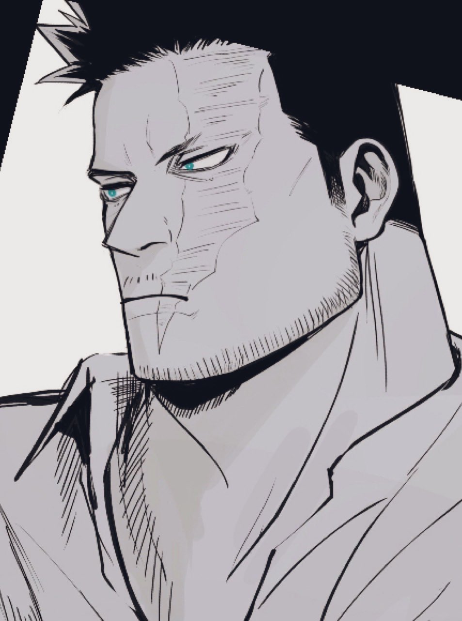 1boy 2elu2 beard boku_no_hero_academia endeavor_(boku_no_hero_academia) face facial_hair highres male_focus mature_male portrait scar scar_across_eye scar_on_face short_hair sideburns solo spiky_hair spot_color stubble