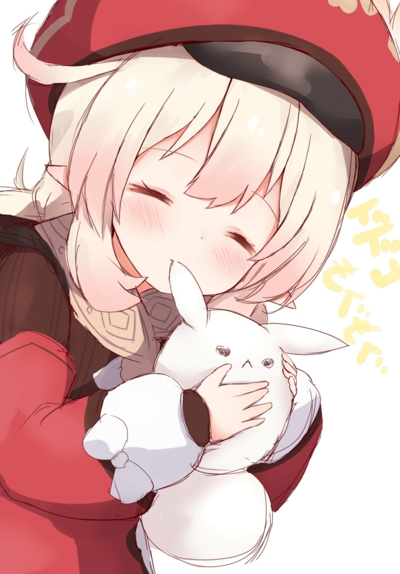 1girl bangs biting blonde_hair blush cabbie_hat closed_eyes closed_mouth dress ear_biting eyebrows_visible_through_hair facing_viewer genshin_impact hat holding holding_stuffed_toy klee_(genshin_impact) long_hair long_sleeves low_twintails pointy_ears puffy_long_sleeves puffy_sleeves red_dress red_headwear sidelocks simple_background sleeves_past_wrists solo stuffed_toy translation_request tutsucha_illust twintails white_background