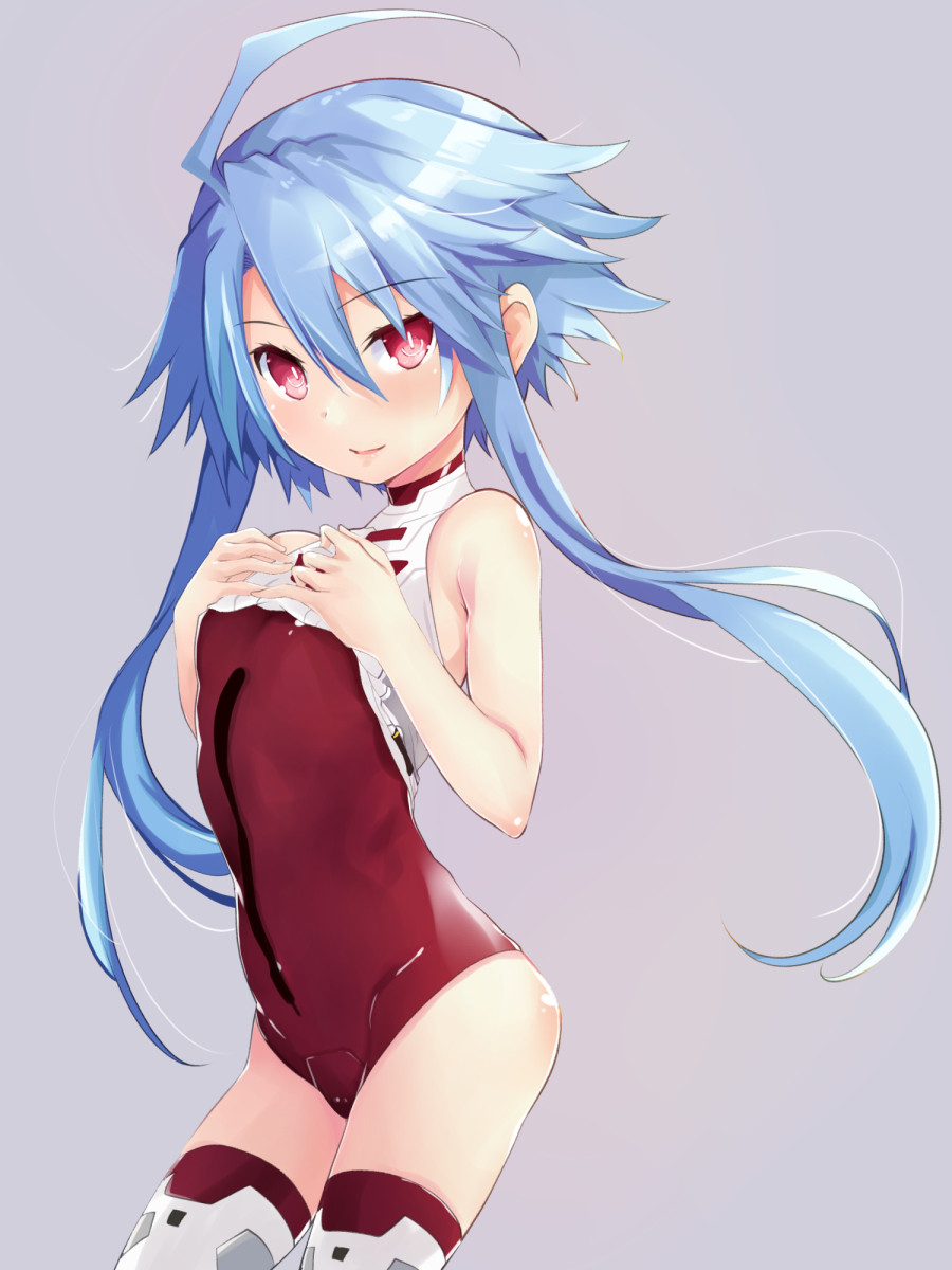 1girl alternate_color ass bare_shoulders blue_hair blush boots breasts commentary_request cowboy_shot hands_on_own_chest hands_up highres iwashi_dorobou_-r- kami_jigen_game_neptune_v leaning_forward leotard looking_at_viewer neptune_(series) no_gloves power_symbol red_eyes red_leotard short_hair_with_long_locks simple_background small_breasts smile solo symbol-shaped_pupils thigh-highs thigh_boots white_heart