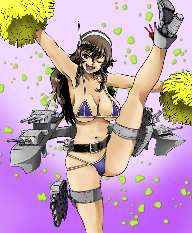 1girl ashigara_(kancolle) bikini brown_eyes brown_hair cheering cheerleader hairband kantai_collection leg_lift long_hair looking_at_viewer machinery midriff navel open_mouth pom_pom_(cheerleading) smile solo swimsuit torpedo_launcher turret weapon yagisawa_keiichi