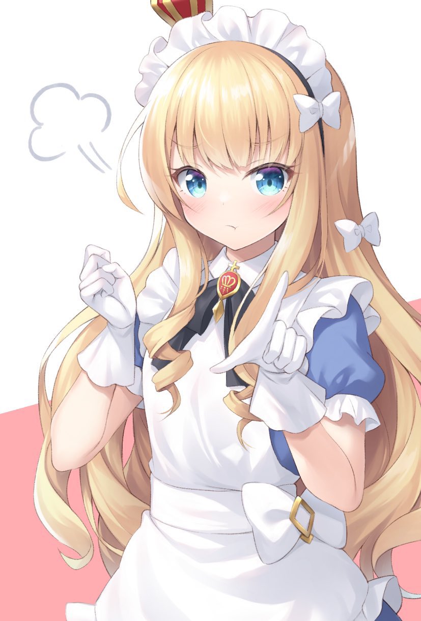 1girl :t alternate_costume apron azur_lane black_neckwear blonde_hair blue_dress blue_eyes blush brooch collared_dress crown dress enmaided eyebrows_behind_hair frills gloves hair_between_eyes highres jewelry maid mini_crown neckerchief official_alternate_costume pink_background puffy_short_sleeves puffy_sleeves queen_elizabeth_(azur_lane) queen_elizabeth_(yes_your_maidness!)_(azur_lane) sakuba_nao short_sleeves solo two-tone_background upper_body white_background white_gloves