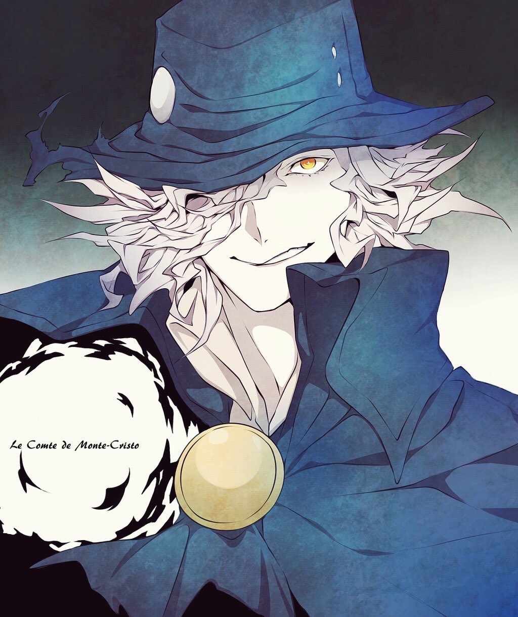 1boy aura cape dark_aura edmond_dantes_(fate) fate/grand_order fate_(series) fedora formal french_text gloves hair_over_one_eye hat highres hz_(murder_license_) looking_at_viewer male_focus silver_hair smile solo suit upper_body wavy_hair yellow_eyes