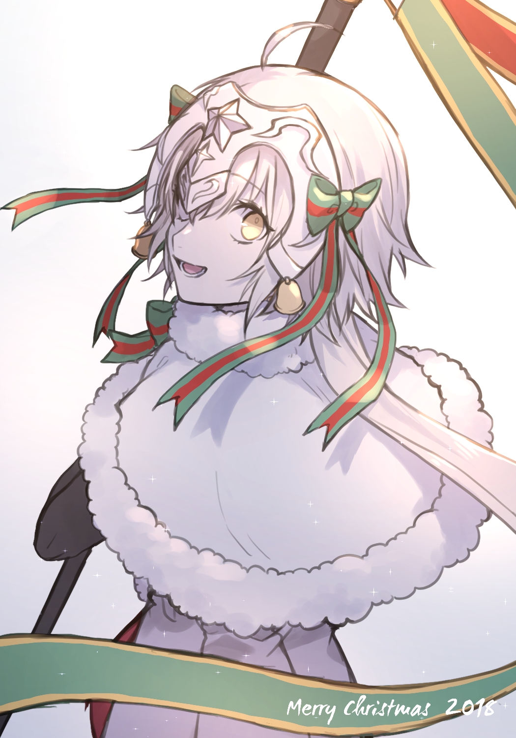 1girl ahoge bangs christmas elbow_gloves eyebrows_behind_hair eyebrows_visible_through_hair fate/grand_order fate_(series) flag gloves hair_ribbon headpiece highres holding holding_flag jeanne_d'arc_(fate) jeanne_d'arc_alter_santa_lily_(fate) long_hair looking_at_viewer looking_back open_mouth ribbon santa_costume silver_hair simple_background smile solo tofu_(bean359) white_background yellow_eyes