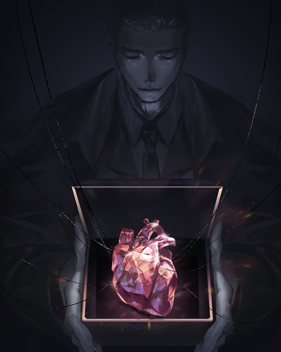 1boy ashes black_hair black_necktie black_neckwear chest chinese_commentary closed_eyes closed_mouth coat commentary_request dark dunn_smith heart highres holding jacket lord_of_the_mysteries necktie pyoteya shirt short_hair smile solo string