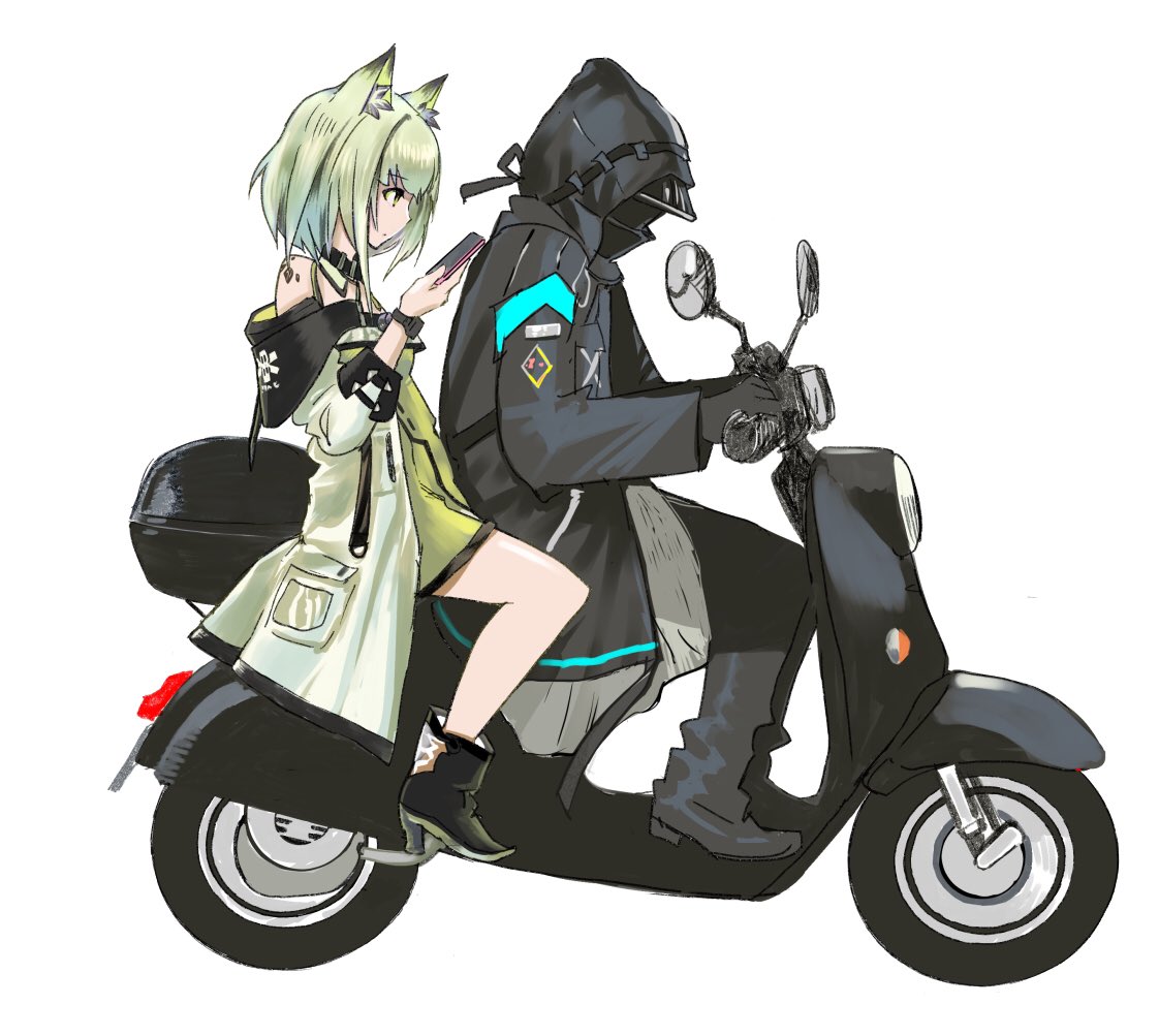 1girl 1other androgynous arknights cellphone doctor_(arknights) ground_vehicle holding holding_phone kal'tsit_(arknights) kantaro looking_at_phone motor_vehicle motorcycle oripathy_lesion_(arknights) parody phone smartphone tagme