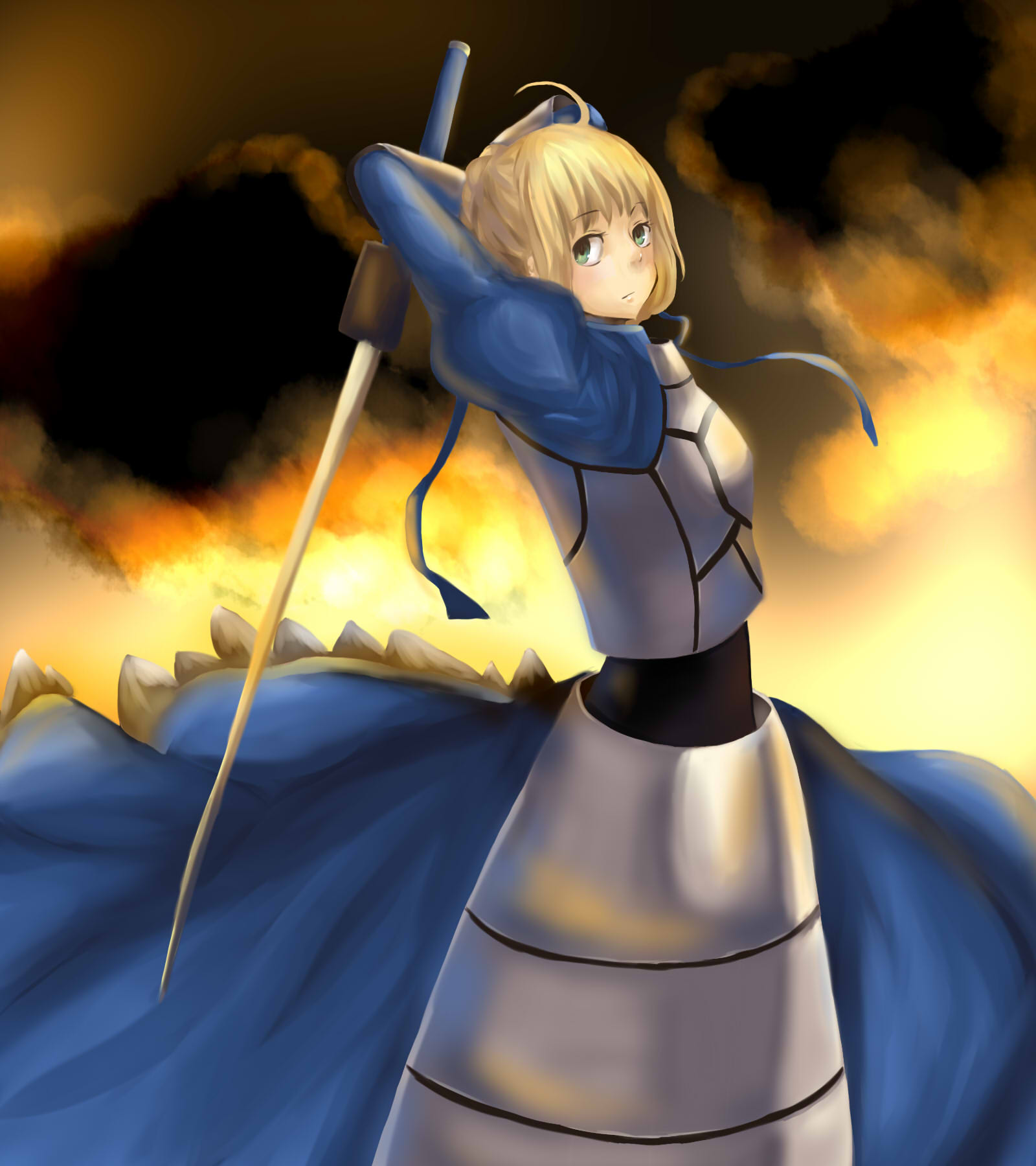 1girl ahoge artoria_pendragon_(all) blonde_hair blue_ribbon breasts cleavage_cutout clothing_cutout fate/grand_order fate/stay_night fate_(series) green_eyes hair_bun hair_ribbon holding holding_weapon juliet_sleeves long_sleeves medium_breasts puffy_sleeves ribbon saber solo sword weapon yuuki_(4151564)