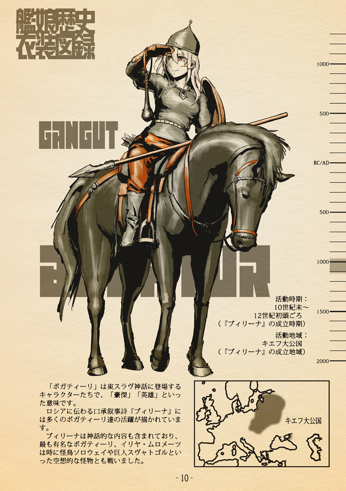 1girl alternate_costume armor breasts chainmail character_name choufu_shimin gangut_(kancolle) gloves helmet holding holding_polearm holding_weapon horse horseback_riding kantai_collection long_hair map medium_breasts polearm reins riding saddle scar scar_on_cheek scar_on_face shield solo stirrups translation_request weapon