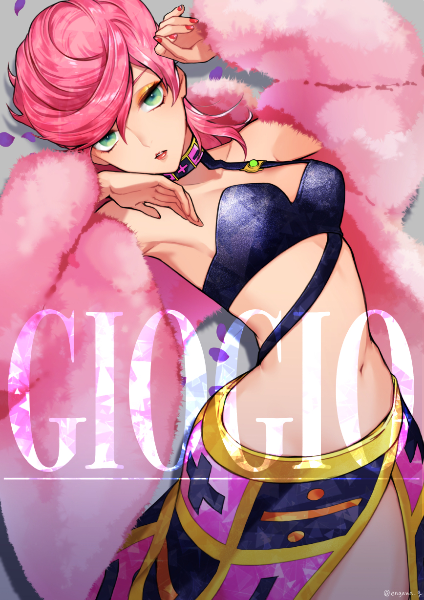 1girl 723_(tobi) armpits bare_shoulders black_bra bra breasts fur_coat green_eyes grey_background highres jojo_no_kimyou_na_bouken lipstick looking_at_viewer makeup nail_polish navel open_mouth petals pink_hair pink_nails skirt solo trish_una underwear vento_aureo