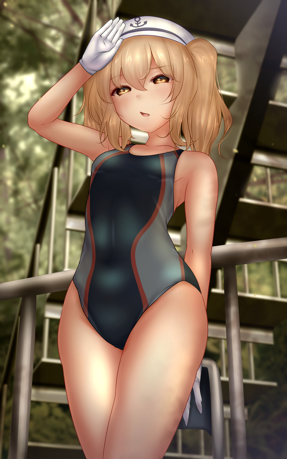 anchor_symbol blonde_hair blue_swimsuit breasts chair chestnut_mouth collarbone commentary_request competition_swimsuit covered_nipples cowboy_shot eyebrows_visible_through_hair gloves hat highres kitashirakawa_chiyuri medium_hair multicolored_clothes multicolored_swimsuit one-piece_swimsuit open_mouth sailor_hat shounen_(hogehoge) small_breasts swimsuit touhou touhou_(pc-98) twintails white_gloves white_headwear yellow_eyes