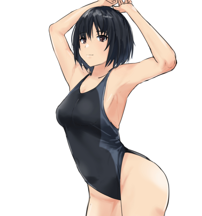 1girl amagami arms_up bangs black_hair breasts brown_eyes closed_mouth competition_swimsuit cowboy_shot leaning_forward light_smile looking_at_viewer medium_breasts nanasaki_ai one-piece_swimsuit short_hair solo swimsuit white_background ykh1028