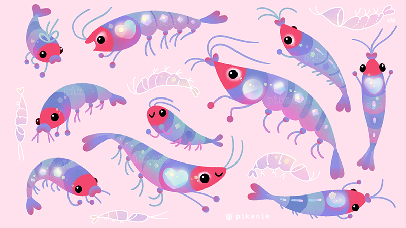 animal animal_focus antennae artist_name black_eyes closed_mouth crustacean heart no_humans open_mouth original pikaole pink_background shrimp simple_background smile