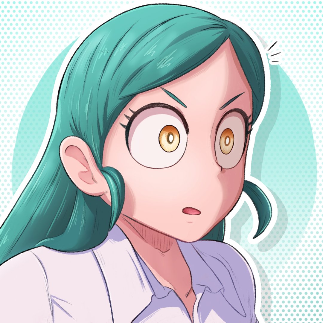 1girl ^^^ bangs boku_no_hero_academia bright_pupils collarbone commentary dress_shirt english_commentary eyelashes greatm8 green_background green_hair halftone halftone_background long_hair outline parted_lips photoshop_(medium) portrait ragdoll_(boku_no_hero_academia) shirt simple_background solo source_filmmaker_(medium) surprised swept_bangs v-shaped_eyebrows white_background white_outline white_pupils white_shirt wing_collar yellow_eyes