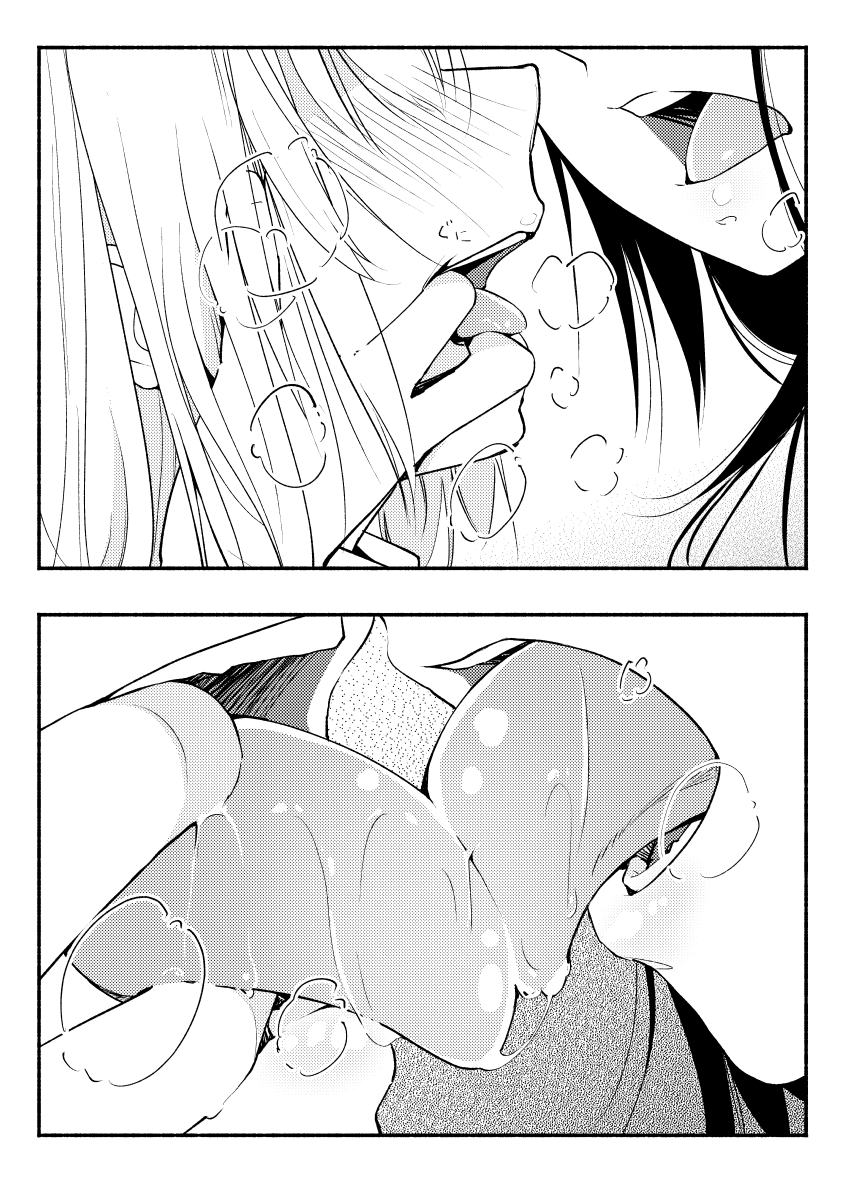 2girls blush close-up commentary_request finger_in_another's_mouth french_kiss greyscale heavy_breathing highres kiss monochrome multiple_girls open_mouth original saliva teeth tongue tongue_out upper_teeth yui_7 yuri