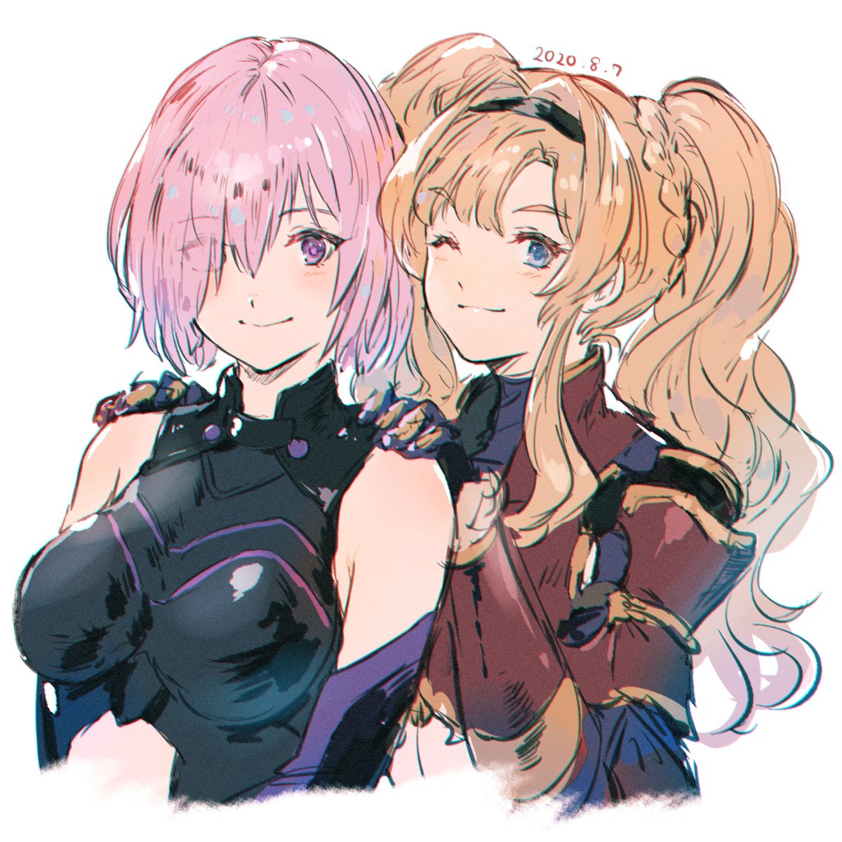 2girls ;) black_hairband black_leotard blonde_hair blue_eyes braid breasts closed_mouth cropped_torso crossover elbow_gloves eyes_visible_through_hair fate/grand_order fate_(series) gauntlets gloves granblue_fantasy hair_intakes hair_over_one_eye hairband hands_on_another's_shoulders highres leotard long_hair looking_at_viewer mash_kyrielight medium_breasts multiple_girls one_eye_closed pink_hair shimatani_azu shiny shiny_hair short_hair sidelocks simple_background sketch smile upper_body very_long_hair violet_eyes white_background zeta_(granblue_fantasy)