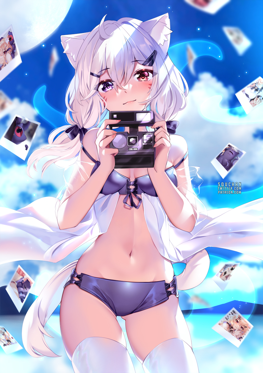 1girl ahoge animal_ear_fluff animal_ears ass_visible_through_thighs bangs bare_shoulders black_bow blue_sky bow cat_ears commentary cowboy_shot day eyebrows_visible_through_hair facial_mark hair_bow highres long_hair looking_at_viewer navel panties photo_(object) purple_panties red_eyes shyrei_faolan silver_hair sky smile solo squchan standing stomach strap_slip thighs underwear violet_eyes vyugen whisker_markings white_legwear