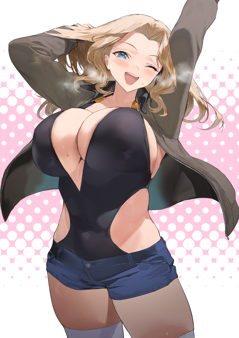 1girl bangs blonde_hair blue_eyes blush breasts forehead girls_und_panzer hair_intakes ikuchan_kaoru jacket kay_(girls_und_panzer) large_breasts long_hair looking_at_viewer one_eye_closed open_clothes open_jacket open_mouth parted_bangs revision smile solo