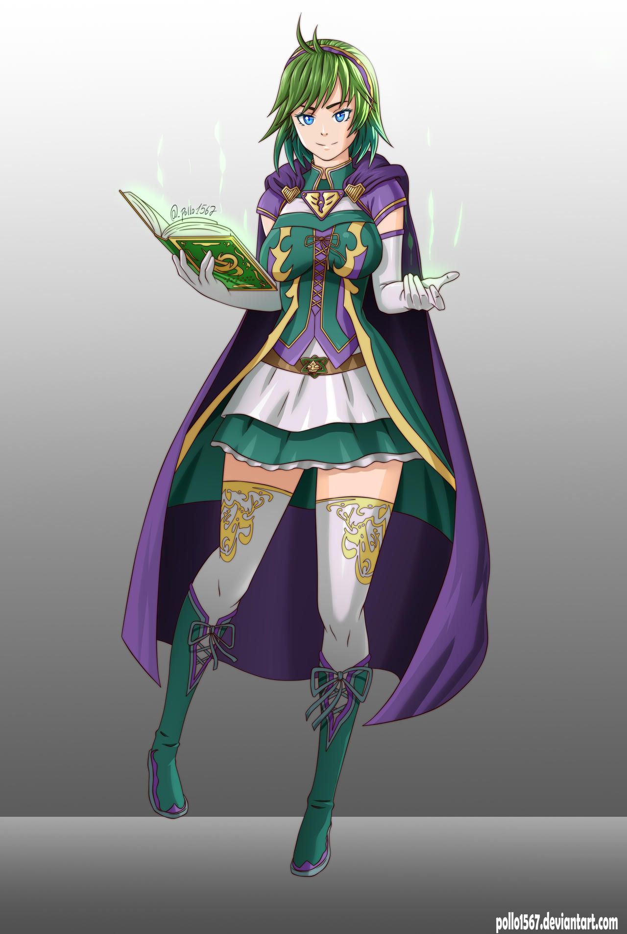 1girl blue_eyes breasts cape fire_emblem fire_emblem:_the_blazing_blade fire_emblem_heroes gloves green_hair highres looking_at_viewer magical_girl nino_(fire_emblem) older short_hair smile thigh-highs thighs