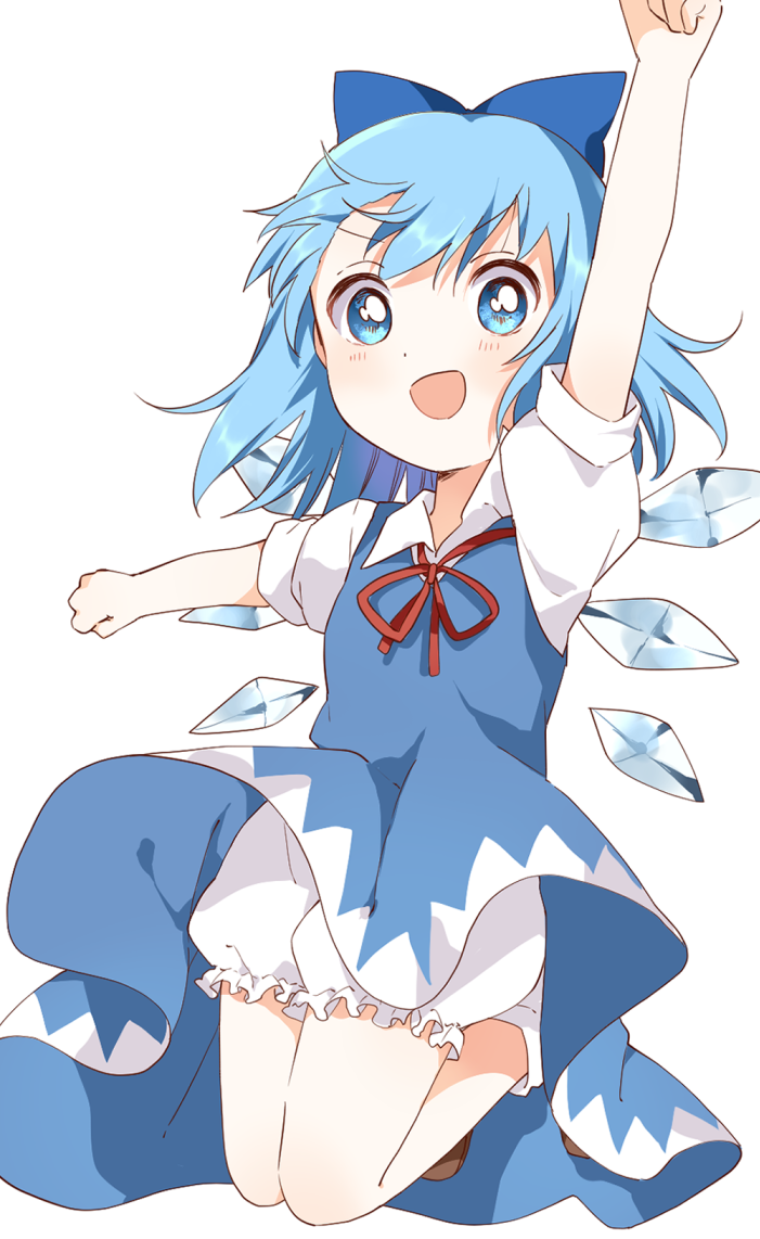 1girl :d arm_up bloomers blue_dress blue_eyes blue_hair cirno dress full_body ice ice_wings light_blush sasaki_sakiko short_hair simple_background smile solo touhou underwear v-shaped_eyebrows white_background wind wind_lift wings