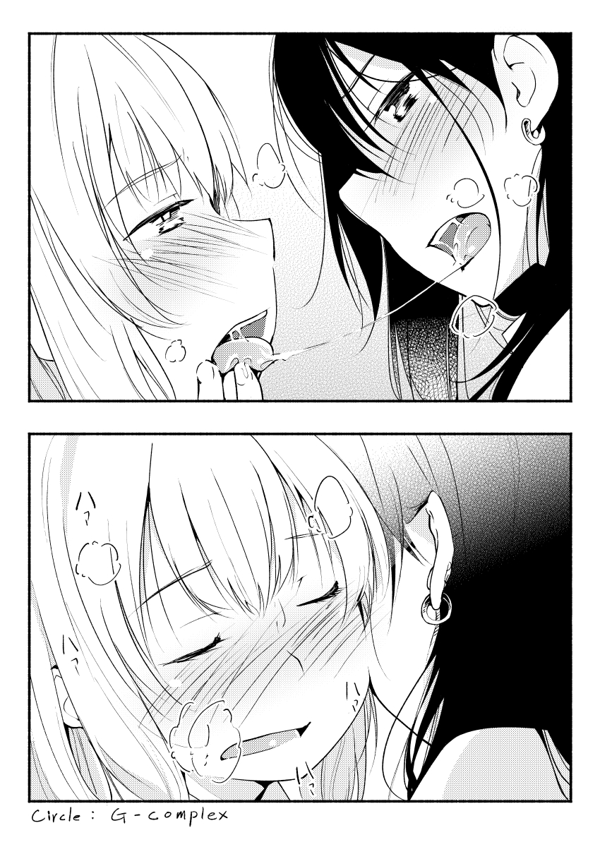 2girls after_kiss blush commentary_request ear_piercing eyebrows_visible_through_hair greyscale heavy_breathing highres monochrome multiple_girls original piercing saliva saliva_trail teeth tongue upper_teeth yui_7 yuri