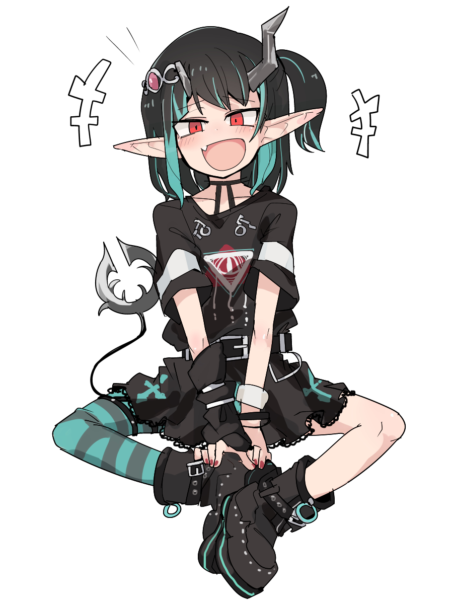+++ 1girl :d bangs belt black_belt black_footwear black_hair black_legwear black_shirt black_skirt blue_hair blue_legwear blush commentary_request demon_girl demon_horns demon_tail eye_of_providence eyebrows_visible_through_hair fang flat_chest full_body highres horns looking_at_viewer medium_hair multicolored_hair official_alternate_costume open_mouth pointy_ears red_eyes shirt shishio_chris shoes short_sleeves side_ponytail sidelocks simple_background single_thighhigh sitting skirt smile sneakers solo striped striped_legwear sugar_lyric tail thigh-highs tomatojam two-tone_hair virtual_youtuber white_background wristband