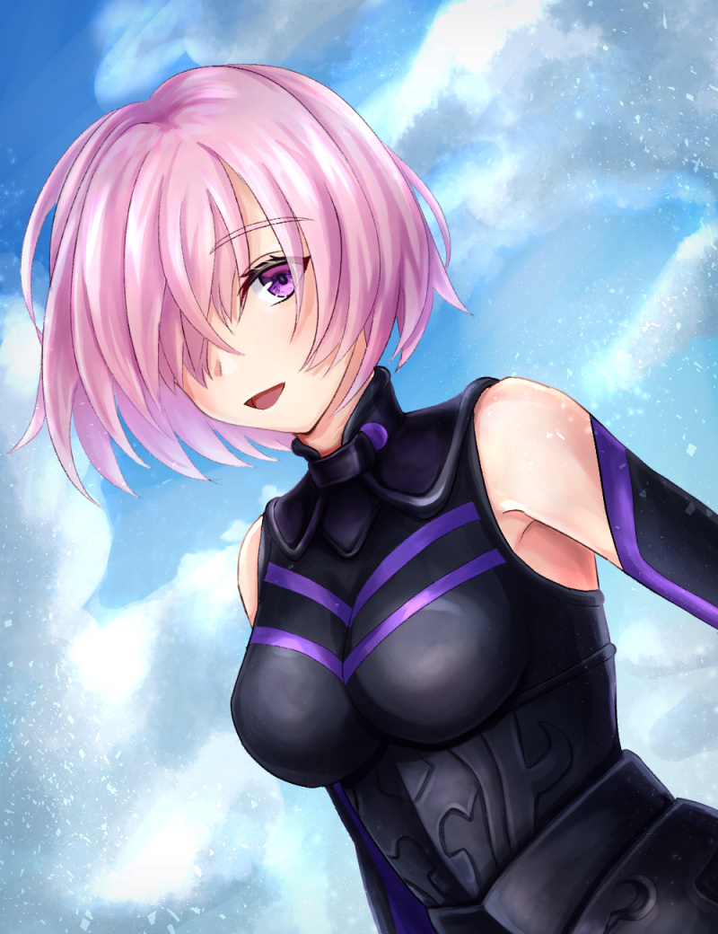 1girl armor armored_dress bare_shoulders breasts elbow_gloves eyebrows_visible_through_hair fate/grand_order fate_(series) gloves lavender_eyebrows lavender_hair looking_at_viewer mash_kyrielight medium_breasts purple_eyes purple_gloves shield shielder_(fate/grand_order) short_hair smile solo tanuki777black thigh-highs type-moon