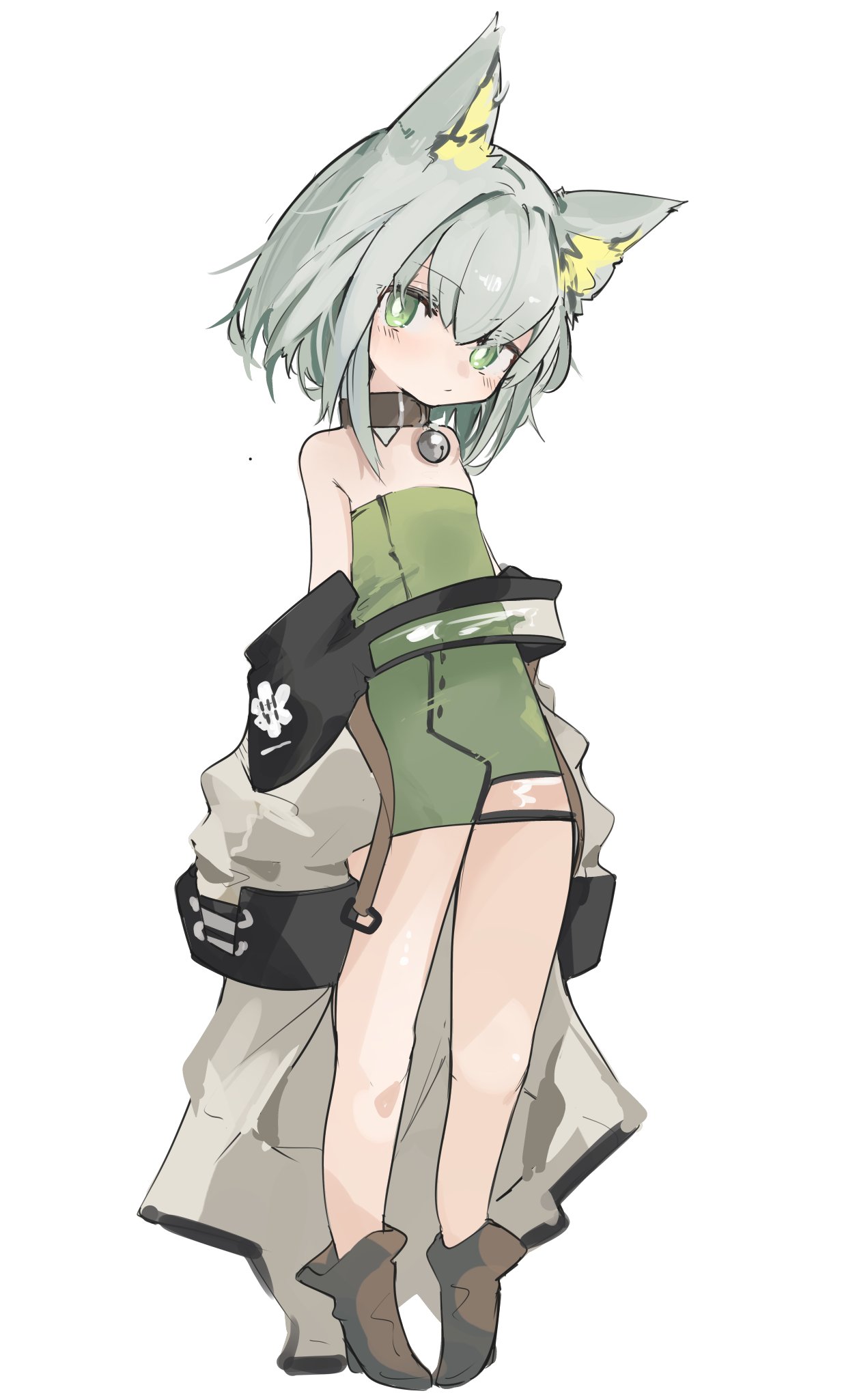 1girl animal_ear_fluff animal_ears arknights bangs bare_shoulders bell black_collar blush boots brown_footwear closed_mouth collar dress eyebrows_visible_through_hair full_body green_dress green_eyes grey_hair grey_jacket hair_between_eyes high_heel_boots high_heels highres jacket jingle_bell kal'tsit_(arknights) long_sleeves mikojin neck_bell off_shoulder short_hair simple_background sleeves_past_fingers sleeves_past_wrists solo standing strapless strapless_dress white_background younger