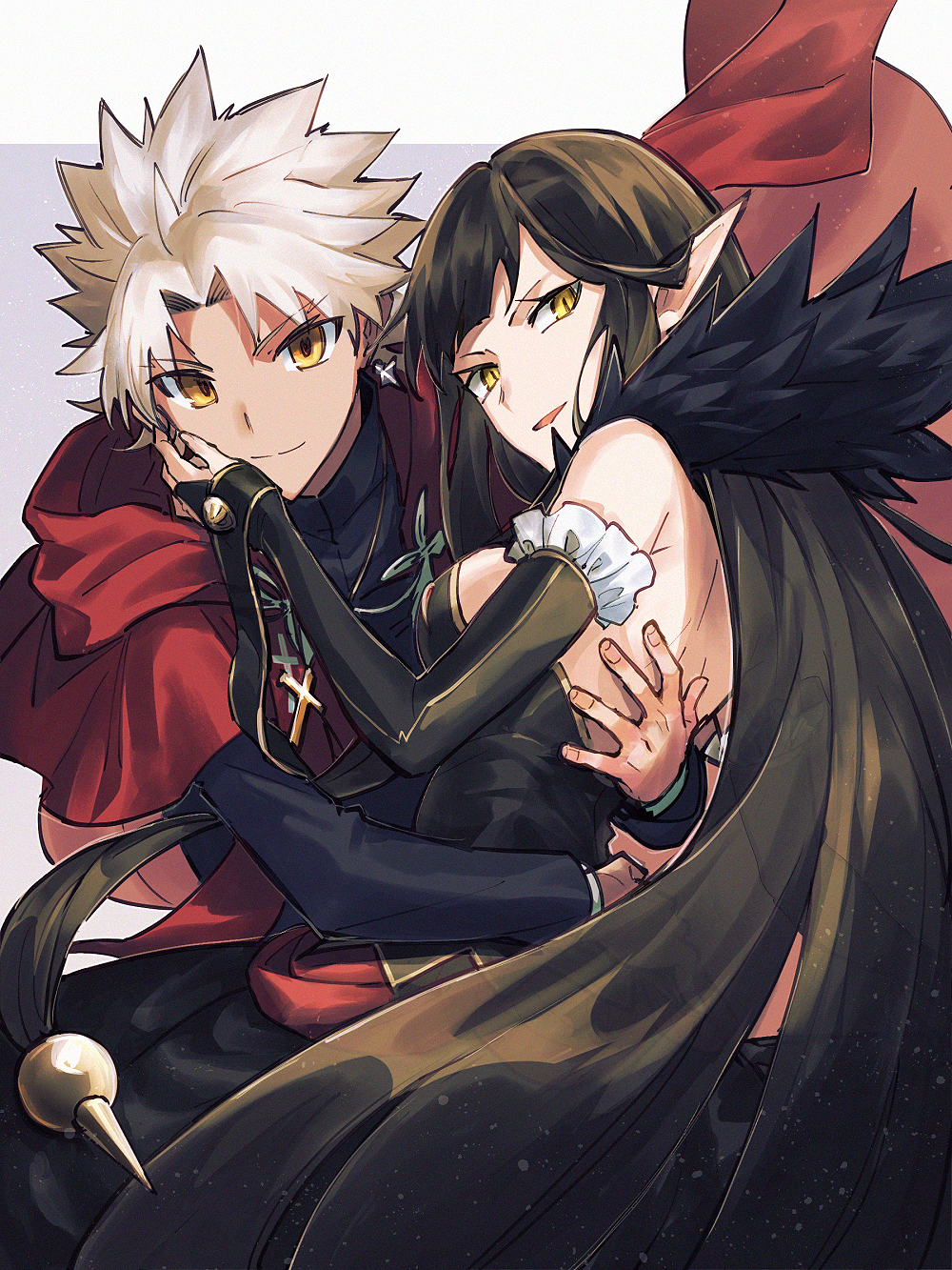 1boy 1girl amakusa_shirou_(fate) bangs black_hair cloak dress fate/apocrypha fate/grand_order fate_(series) hand_on_another's_cheek hand_on_another's_face highres hug long_hair looking_at_viewer menma222 open_mouth orange_eyes pointy_ears ponytail semiramis_(fate) short_hair smile very_long_hair white_hair