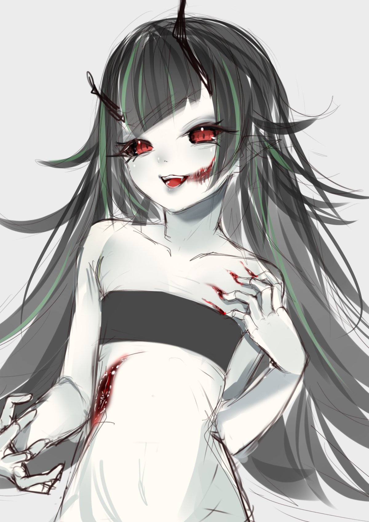 1girl alternate_skin_color bangs black_bandeau black_hair black_sclera blood colored_sclera colored_skin commentary cuts demon_girl demon_horns doryudory english_commentary flat_chest green_hair grey_background highres horns injury long_hair looking_at_viewer multicolored_hair one-hour_drawing_challenge open_mouth pointy_ears red_eyes scratches scratching shishio_chris simple_background sketch smile solo sugar_lyric two-tone_hair upper_body virtual_youtuber white_skin