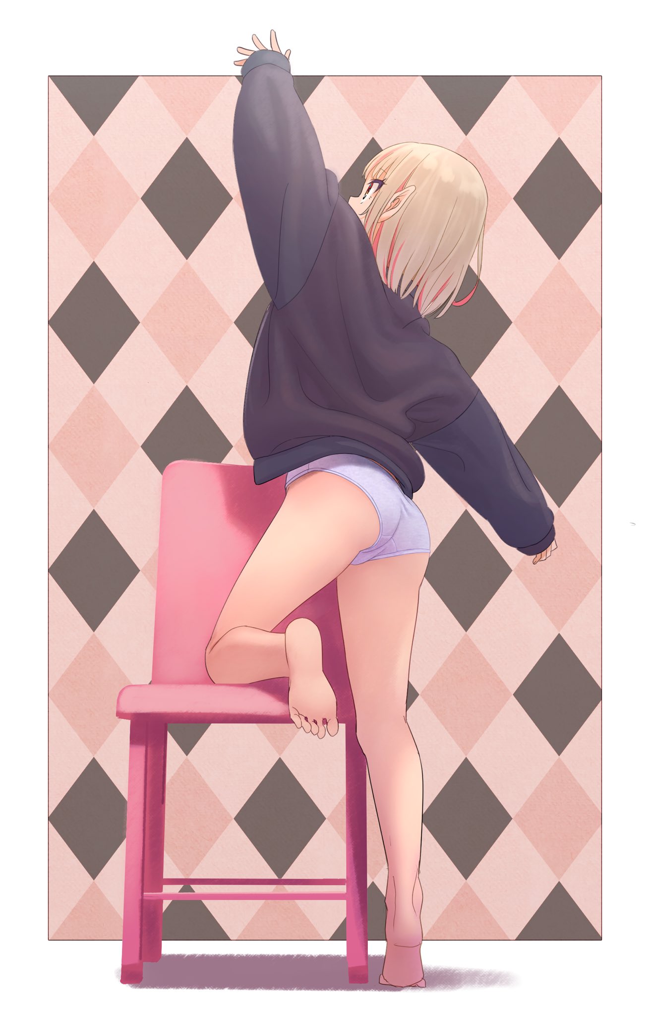 1girl argyle argyle_background arm_up bare_legs barefoot black_shirt blonde_hair chair colored_inner_hair commentary_request feet full_body highres makaino_ririmu multicolored_hair nijisanji no_pants panties pink_hair pointy_ears sabamen shirt short_hair sleeves_past_wrists soles solo tiptoes toes two-tone_hair underwear virtual_youtuber white_panties