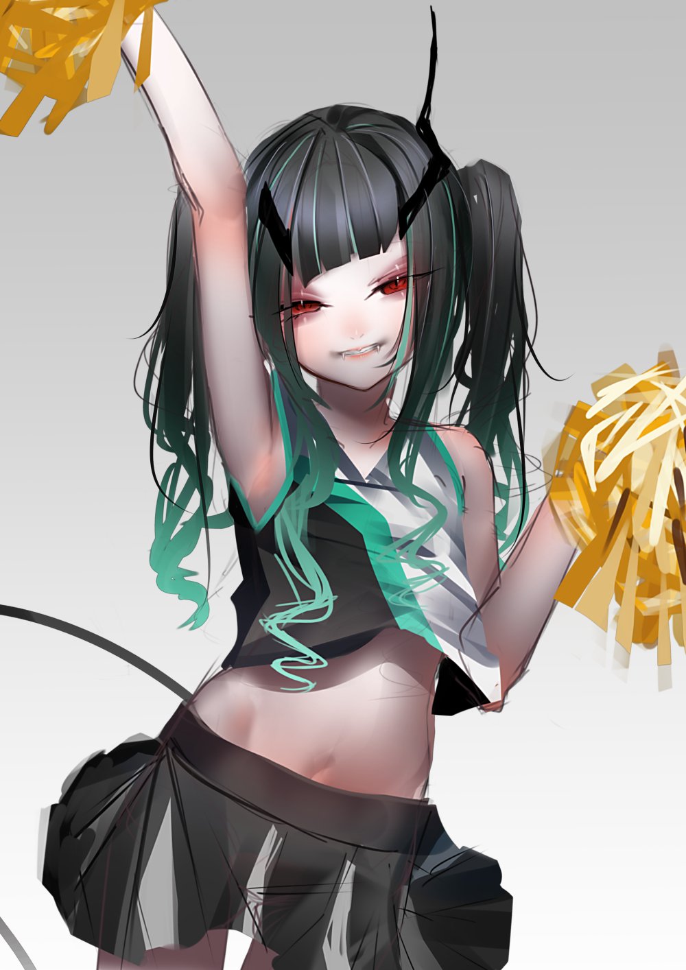 1girl alternate_costume alternate_hairstyle arm_up armpits bangs black_hair black_shirt black_skirt blue_hair cheerleader commentary cowboy_shot crop_top demon_girl demon_horns demon_tail doryudory fangs flat_chest gradient gradient_background grey_background grin highres horns long_hair looking_at_viewer midriff multicolored_hair navel pom_pom_(cheerleading) red_eyes shirt shishio_chris sidelocks skirt sleeveless sleeveless_shirt smile solo sugar_lyric tail twintails two-tone_hair virtual_youtuber white_shirt