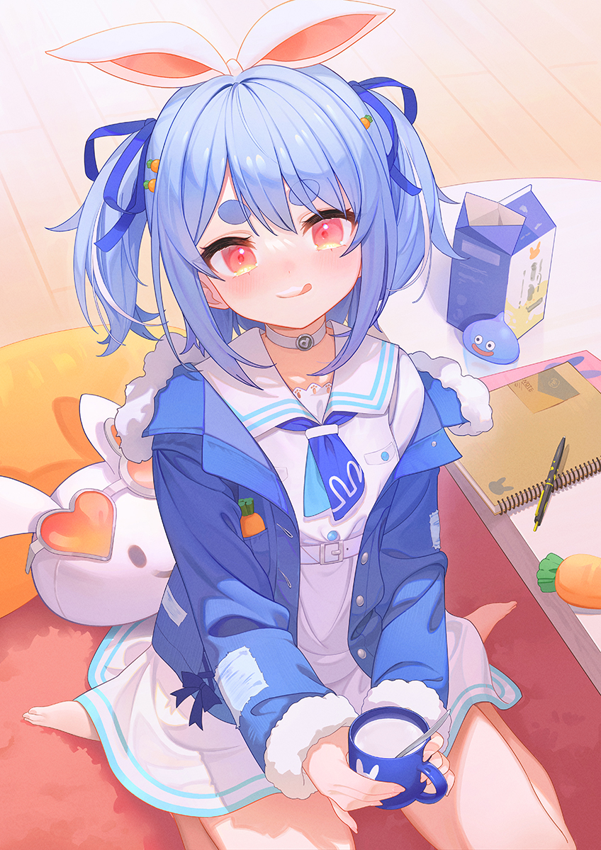 1girl :q belt blue_hair blue_jacket blue_ribbon carrot choker closed_mouth commentary_request cup eyebrows_visible_through_hair gawain_(artist) hair_ribbon head_tilt heart heart-shaped_eyewear highres holding holding_cup hololive jacket looking_at_viewer milk milk_carton milk_mustache mug neckerchief notebook off-shoulder_jacket off_shoulder on_floor open_clothes open_jacket pen red_eyes ribbon sailor_collar sitting smile solo stuffed_animal stuffed_bunny stuffed_toy sunglasses thick_eyebrows tongue tongue_out two_side_up usada_pekora virtual_youtuber wooden_floor
