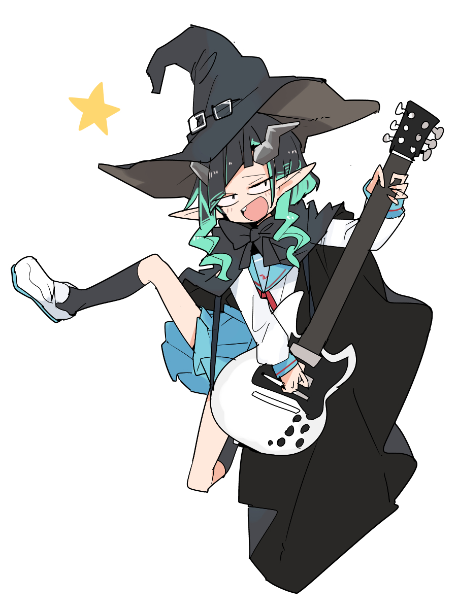 1girl bangs black_cape black_hair black_headwear black_legwear blue_hair blue_sailor_collar blue_skirt cape commentary_request cosplay demon_girl demon_horns electric_guitar fang flat_chest full_body guitar hat highres horns instrument kita_high_school_uniform long_hair long_sleeves multicolored_hair nagato_yuki nagato_yuki_(cosplay) neckerchief open_mouth playing_guitar_with_teeth pointy_ears red_neckerchief sailor_collar school_uniform serafuku shishio_chris shoes simple_background skirt smile socks solo star_(symbol) sugar_lyric suzumiya_haruhi_no_yuuutsu tomatojam two-tone_hair virtual_youtuber white_background white_footwear witch_hat